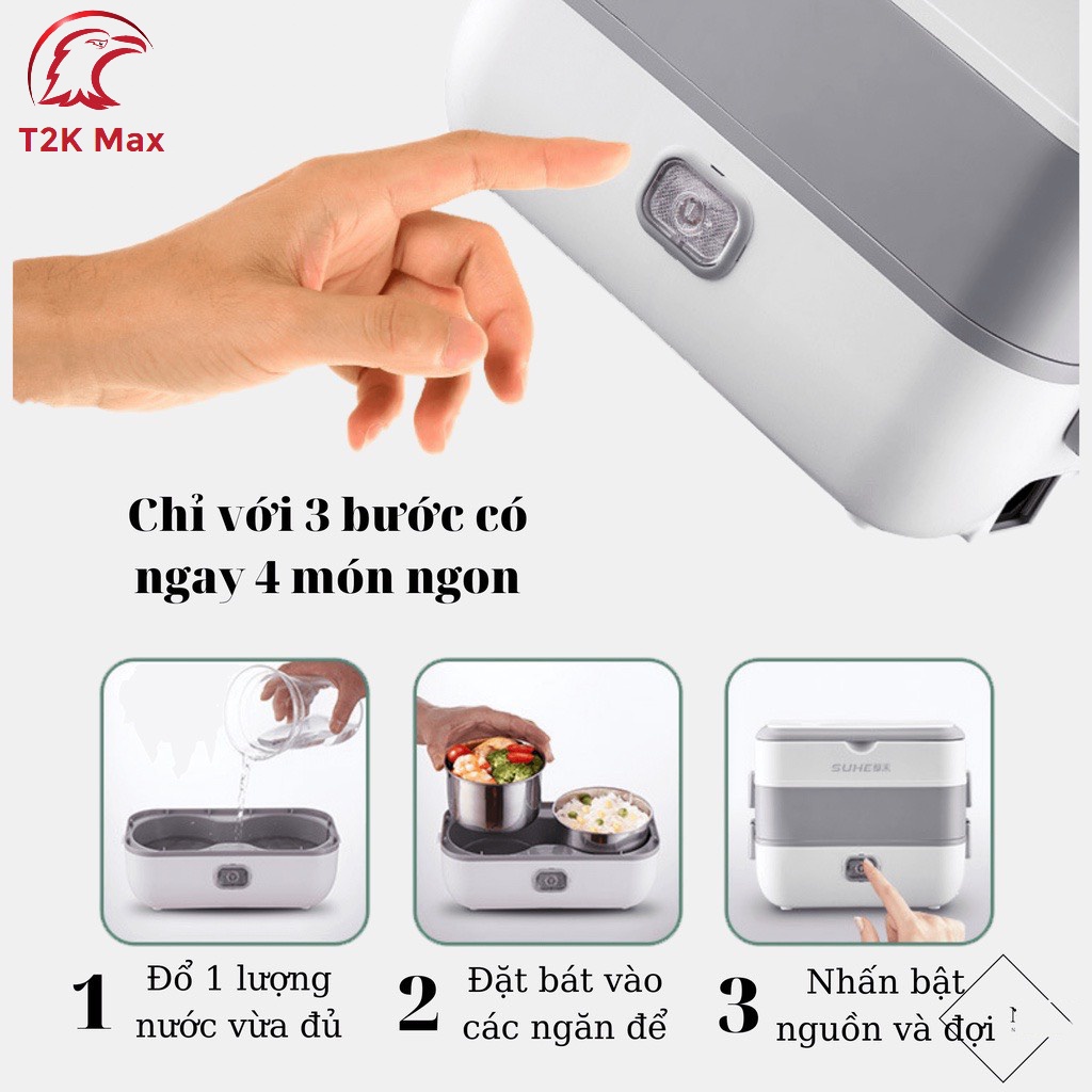 Hộp cơm cắm điện văn phòng 2 tầng 4 ngăn inox nấu chín, hâm nóng và giữ nhiệt cho thức ăn tiện lợi - T2K Max