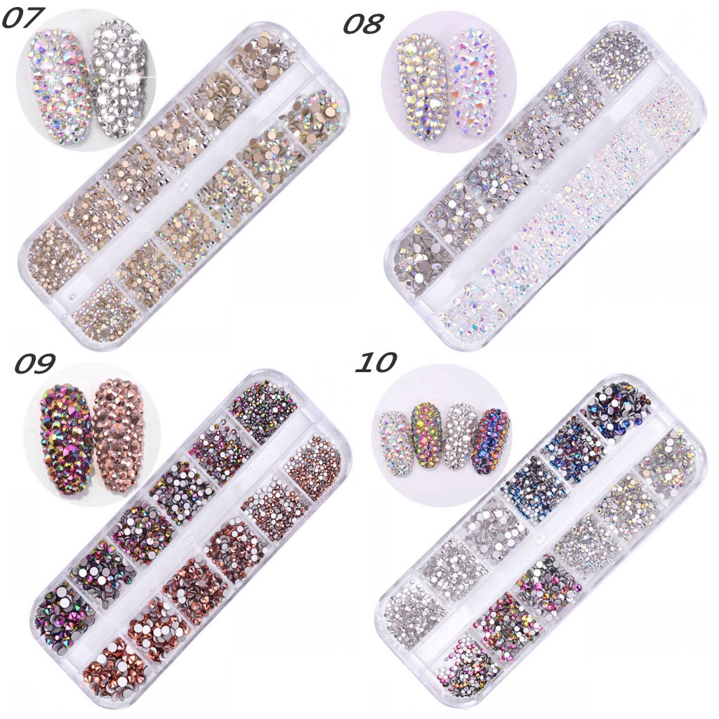 Hộp phụ kiện đá giả kim cương và vỏ sò 3D lưng phẳng nhiều màu lấp lánh dùng cho làm móng nghệ thuật