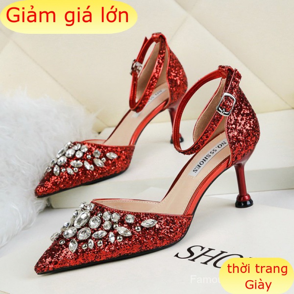 Giày Cao Gót 6.5cm Mũi Nhọn Đính Đá Thời Trang Dành Cho Nữ