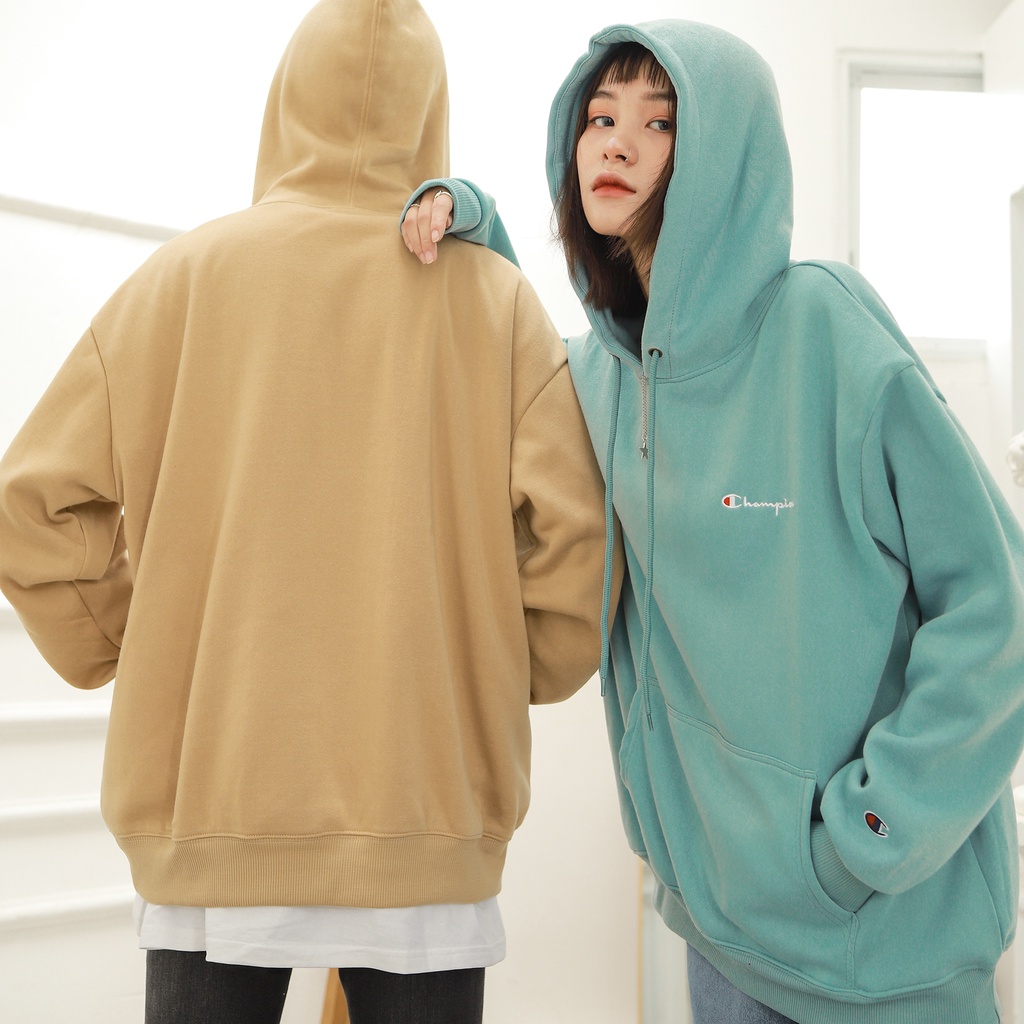 Áo Hoodie Thêu Logo Champion Sắc Nét Phía Trước Chất Vải Nỉ Bông Cotton Form Rộng Rãi Unisex Nam Nữ Màu Xanh Mint