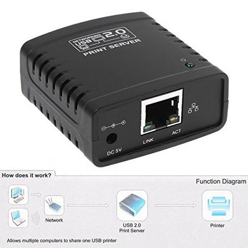 USB 2.0 LRP Print Server Share A LAN Ethernet Networking Printers Power Adapter with US Plug