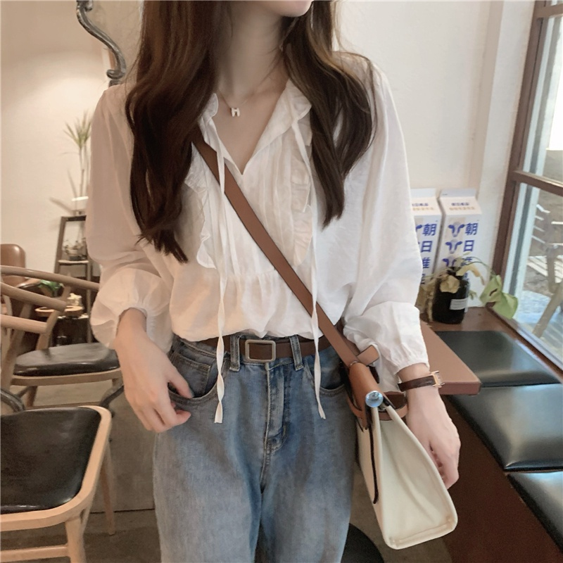 Áo Kiểu Tay Dài Cổ Chữ V Màu Trắng Phong Cách Hàn Quốc Thời Trang 55094