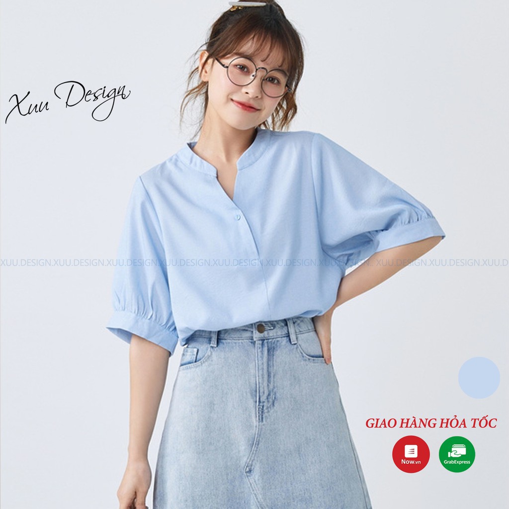 Áo sơ mi nữ công sở Xuu, chất vải kate kẻ tăm xanh cổ V xẻ TK20.44