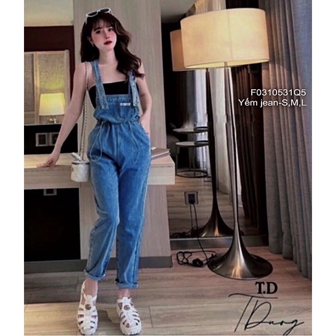 Yếm jean short có túi rút eo