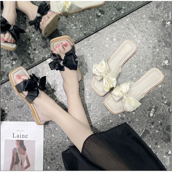 Dép Lê Quai Ngang Đế Bệt Đính Nơ Xinh Xắn Trẻ Trung Cho Bạn Nữ