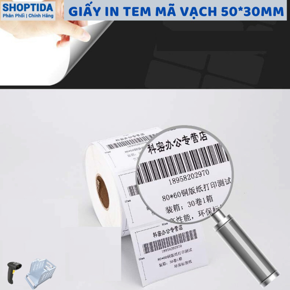 PBO [50x30mm] 1400 tem in mini code decal dán, in mã vạch barcode, QR code, in tem phụ cho máy in nhiệt Shoptida 50 AO2