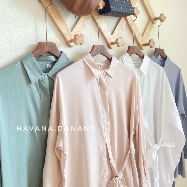 Áo sơ mi lụa nữ dài tay, sơ mi buộc eo mềm mịn freesize