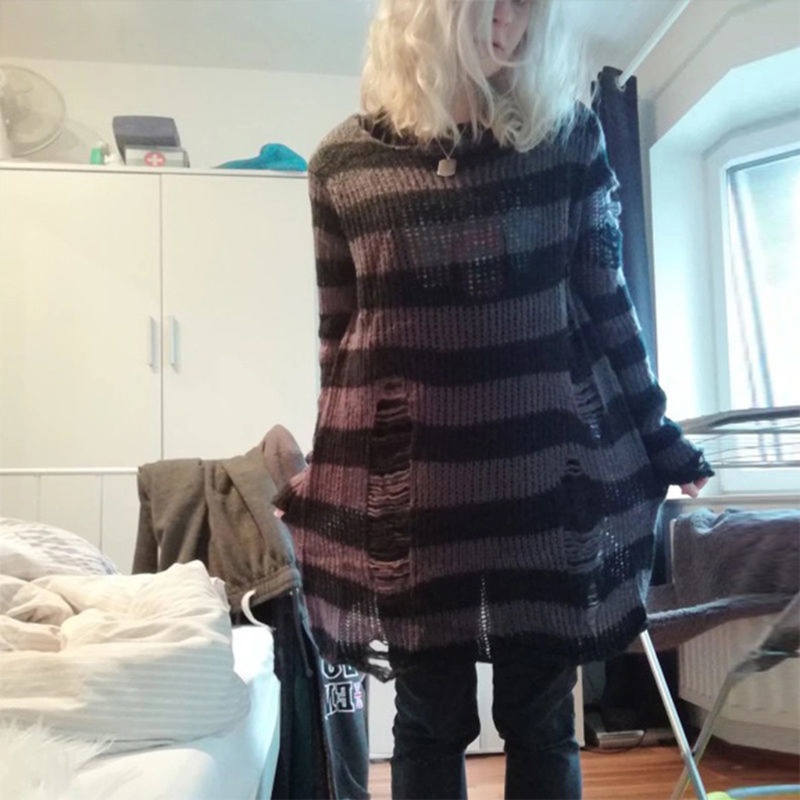 Áo sweater dệt kim tay dài họa tiết kẻ sọc phong cách gothic Harajuku bụi bặm thời trang mùa thu dành cho nữ | BigBuy360 - bigbuy360.vn