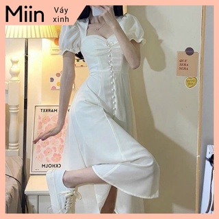 Váy trắng midi nhíu ngực nút bọc