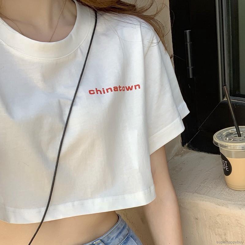 Áo croptop tay ngắn cổ tròn họa tiết chữ thời trang dành cho nữ
