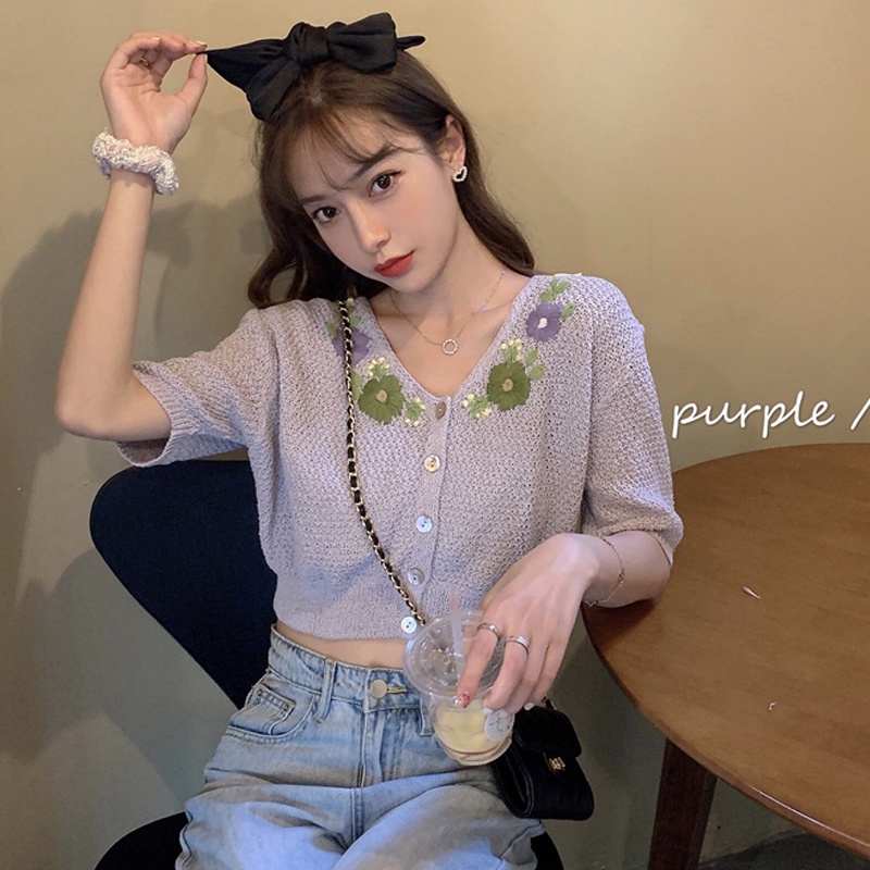 SUXI Áo Dệt Kim Tay Ngắn Phong Cách Vintage Thời Trang Mùa Hè Cho Nữ