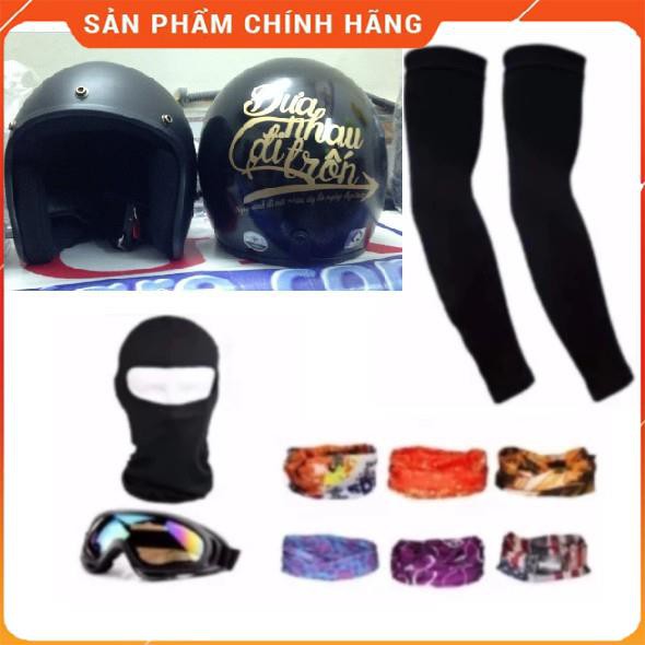 Bộ1 nón 3/4 đầu Tem Đưa Nhau Đi Trốn (Tem vàng)+1 ninja +1 bao tay chống nắng + 1 kính phượt + Tặng 1 khăn phượt đa năng