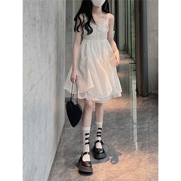 Váy hai dây xòe  babydoll công chúa màu hồng trắng oder taobao