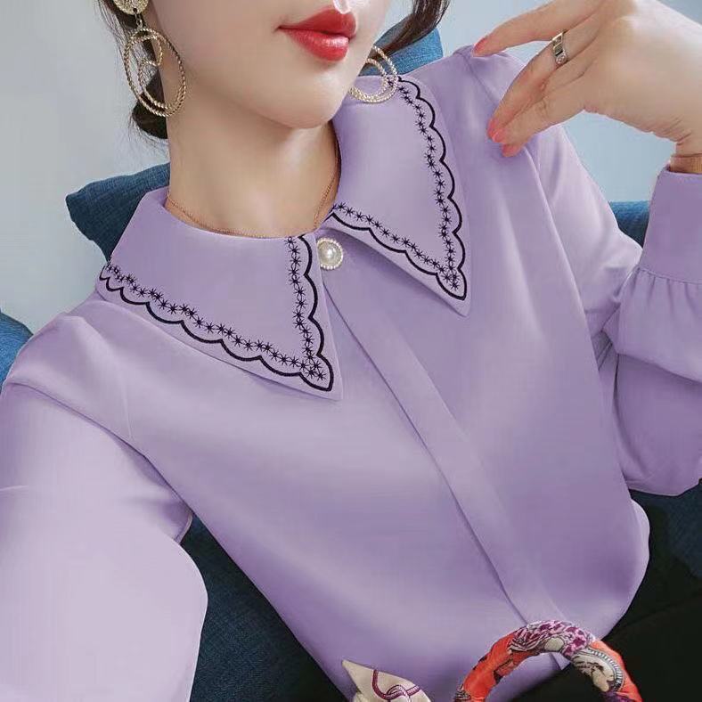 Áo sơ mi voan tay dài thêu họa tiết thời trang dành cho nữ