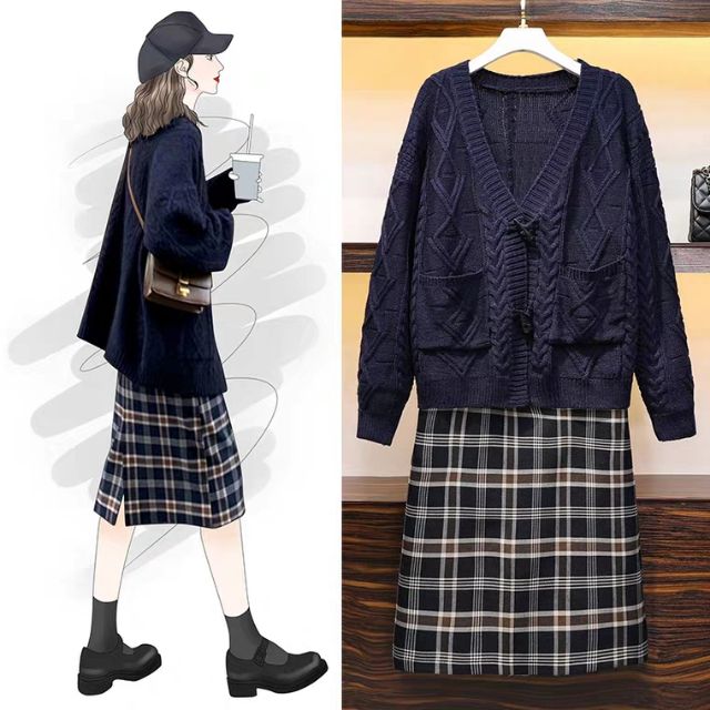 Order set áo cardigan len kèm chân váy kẻ dáng dài