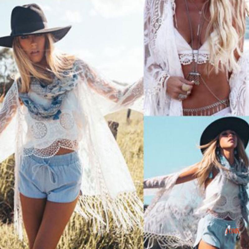 Áo Khoác Ngoài Bikini Dạng Lưới 10MK Phối Ren Hoa Và Tua Rua Gợi Cảm Cho Nữ