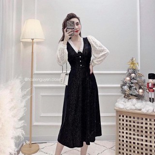 Đầm maxi đen phối tay ren lưới