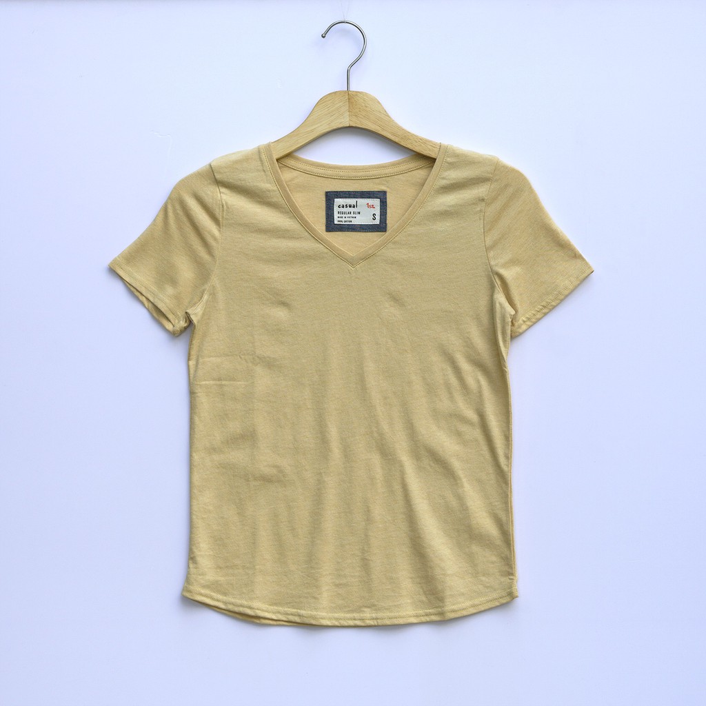 Áo thun nữ phông trơn Casual 1st cổ tim tay ngắn cộc, 100% cotton thoáng mát, thích hợp đi làm, đi chơi, du lịch