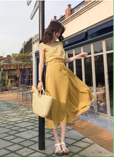 SET ÁO KARO + CHÂN VÁY MIDI XOÈ
