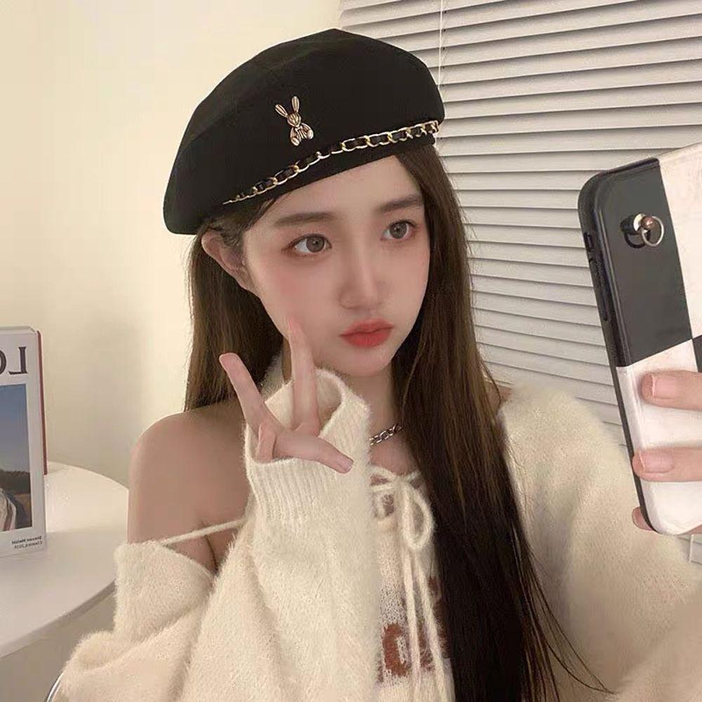 Mũ Beret Polyester Chống Gió Phối Dây Xích Kim Loại Dễ Thương Sáng Tạo Cho Nữ