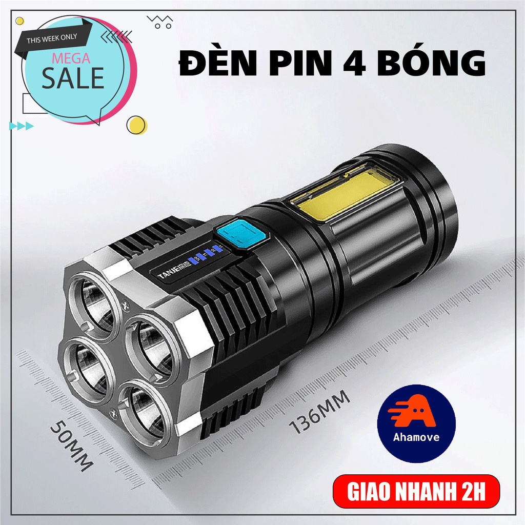 Đèn Pin Cầm Tay Chiếu Xa Siêu Sáng 4 Bóng 4 Chế Độ Sạc Tích Điện, Đèn Pin Led, Du Lịch