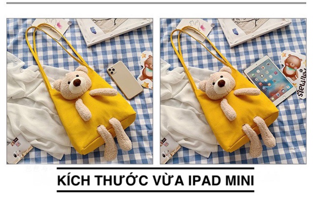 [Hàng sẵn] Túi tote kèm gấu bông to xinh yêu đựng vừa khổ giấy a4 ipad to