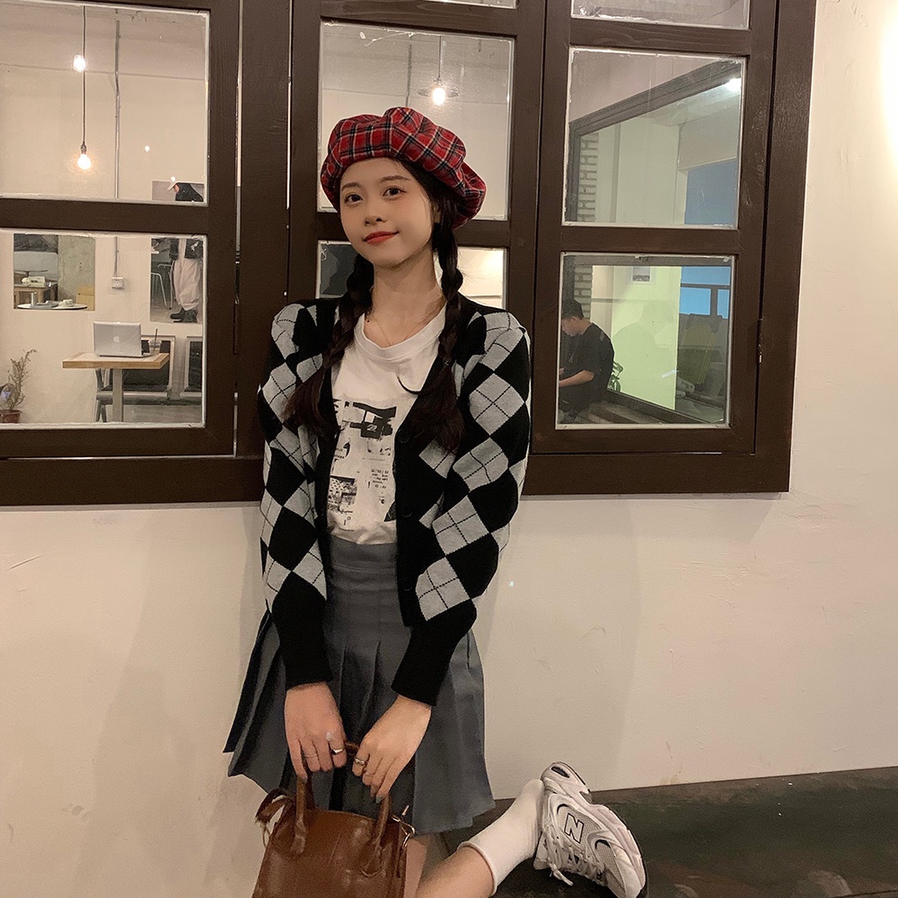 SUXI Áo Khoác Cardigan Dệt Kim Tay Dài Cổ Chữ V Kẻ Sọc Ca Rô Dáng Ôm Thời Trang Mùa Thu Cho Nữ