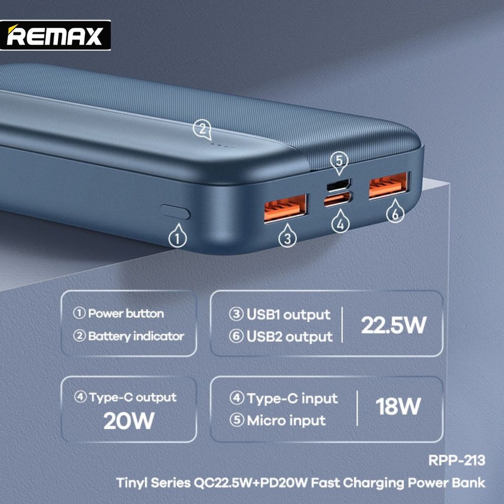 Pin sạc dự phòng REMAX 20000mAh sạc nhanh 22.5W PD 20W QC3.0 cho điện thoại iphone, samsung Chính hãng