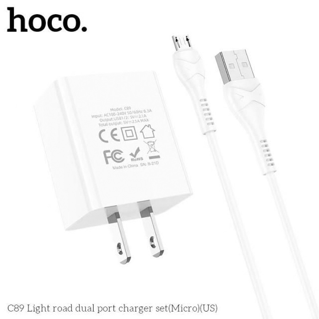 Bộ sạc Hoco C89 Micro USB 2 cổng, sạc nhanh 2.1A tương thích với nhiều dòng Samsung/Oppo/Xiaomi...chân cắm US kèm dây 1m