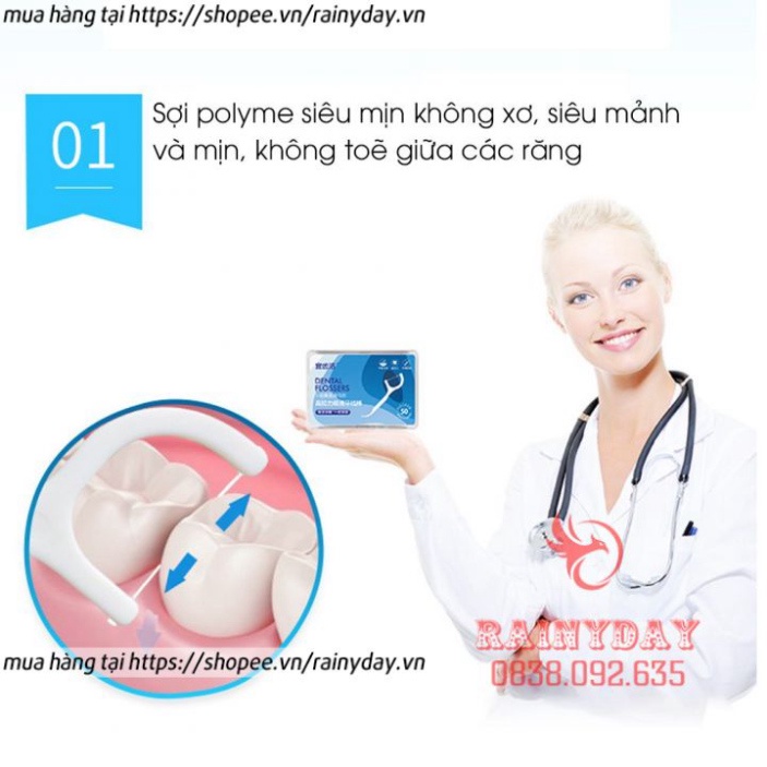 Hộp 50 tăm chỉ nha khoa, tăm xỉa răng sợi chỉ mảnh nhỏ tiệt trùng vệ sinh răng miệng - 50 chiếc