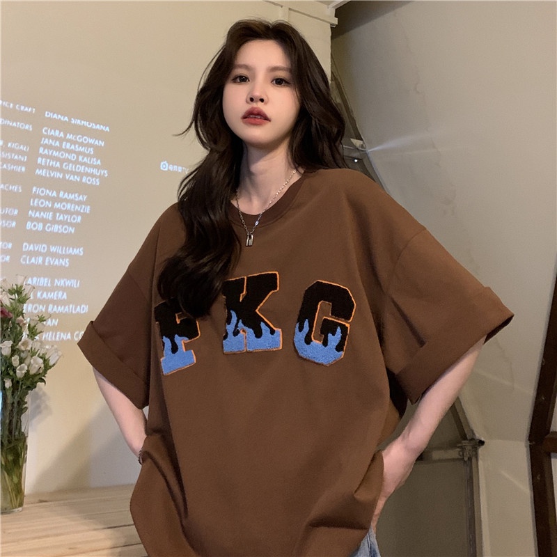 Áo Thun Tay Ngắn Dáng Rộng Thêu Chữ Thời Trang Đường Phố Cho Nữ