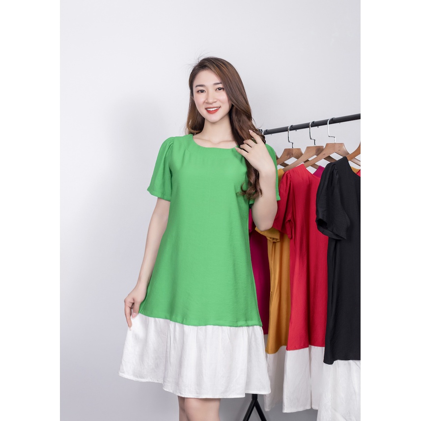Đầm phối ren tay ngắn lụa xước màu lục