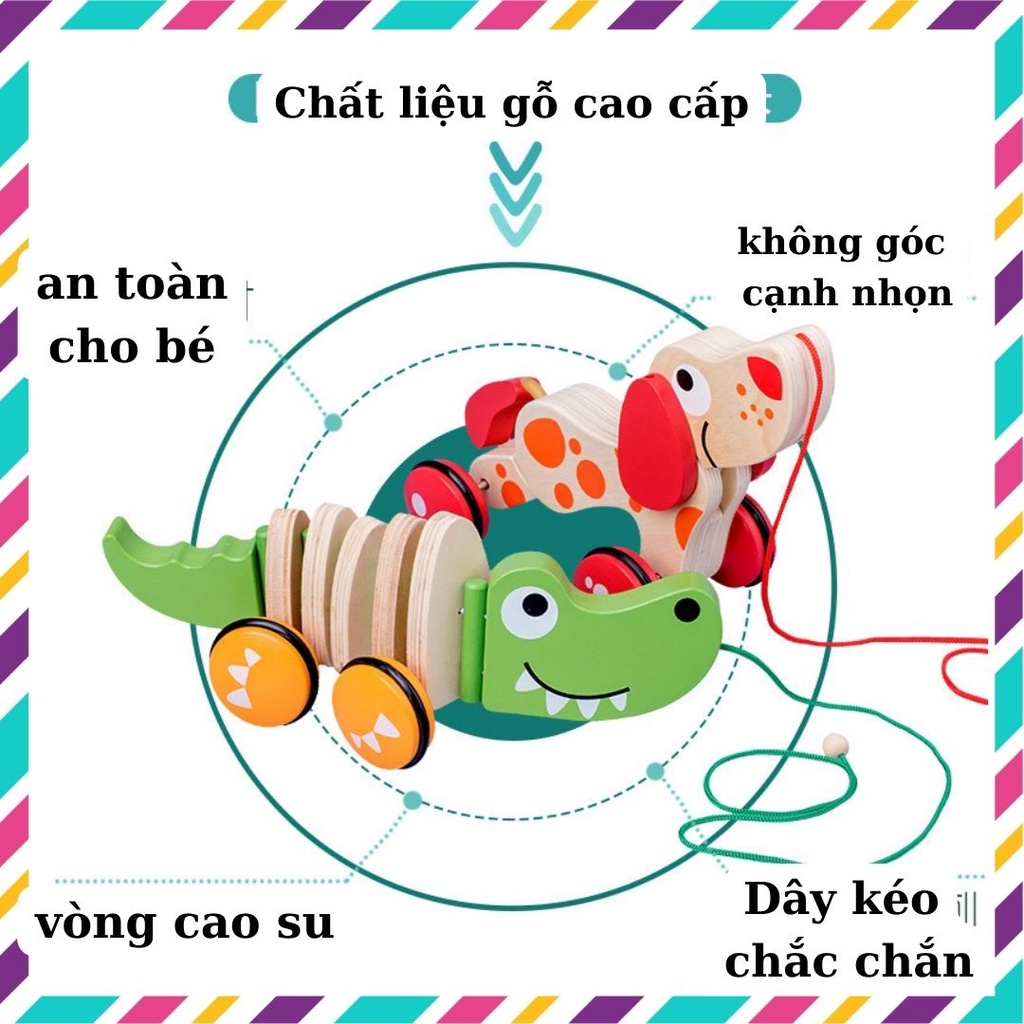 Đồ chơi vận động cho bé xe kéo hình chú chó và cá sấu bằng gỗ, đồ chơi gỗ cho bé