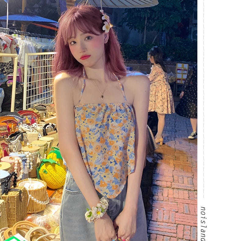 Áo Hai Dây Họa Tiết Hoa Phong Cách Retro Pháp Nữ Tính