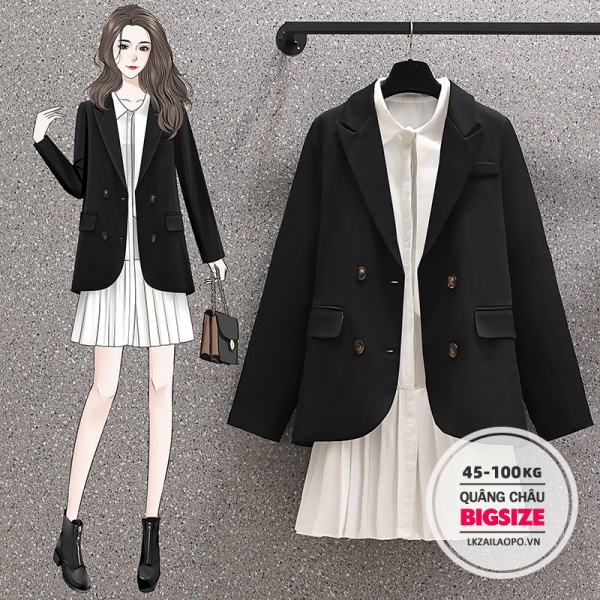 Áo Khoác Blazer Tay Dài Dáng Rộng Cài Hai Hàng Khuy Thời Trang Mùa Thu Cho Nữ