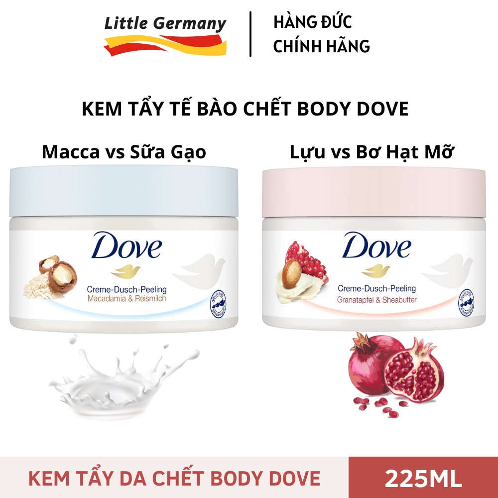 Tẩy Da Chết Dove Exfoliating Body Polish Đức 225ml - Tẩy Tế Bào Chết Giúp Dưỡng Da Trắng Mịn Màng Macca & Lựu