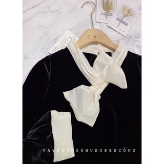 Váy suông nhung đen cổ nơ