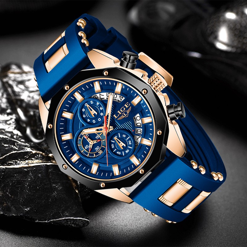LIGE 2021 thời trang mới Đồng Hồ Nam chống nước Đồng hồ đeo tay thể thao silicon Với Lịch Chronograph Đồng hồ thạch anh + hộp | BigBuy360 - bigbuy360.vn
