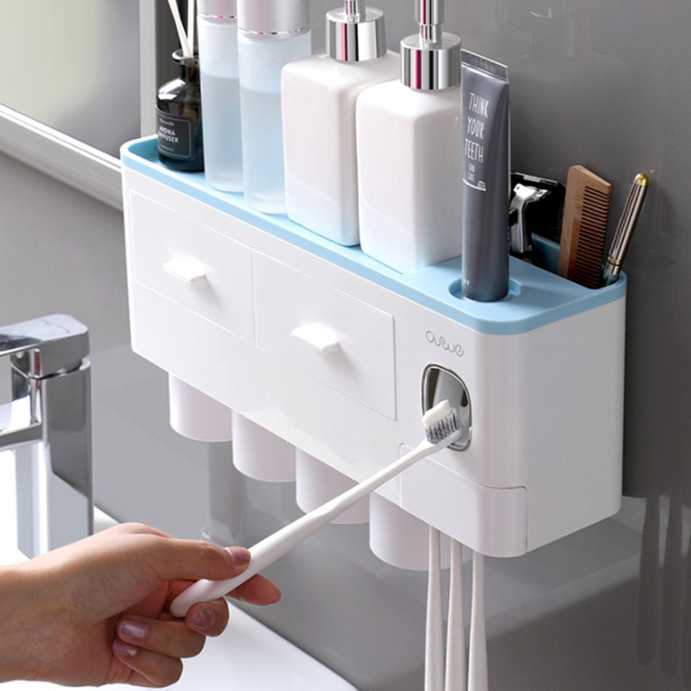 Bộ nhả kem đánh răng tự động, Kệ nhà tắm dán tường để đồ thông minh cao cấp 6 IN 1 sang trọng tiện lợi