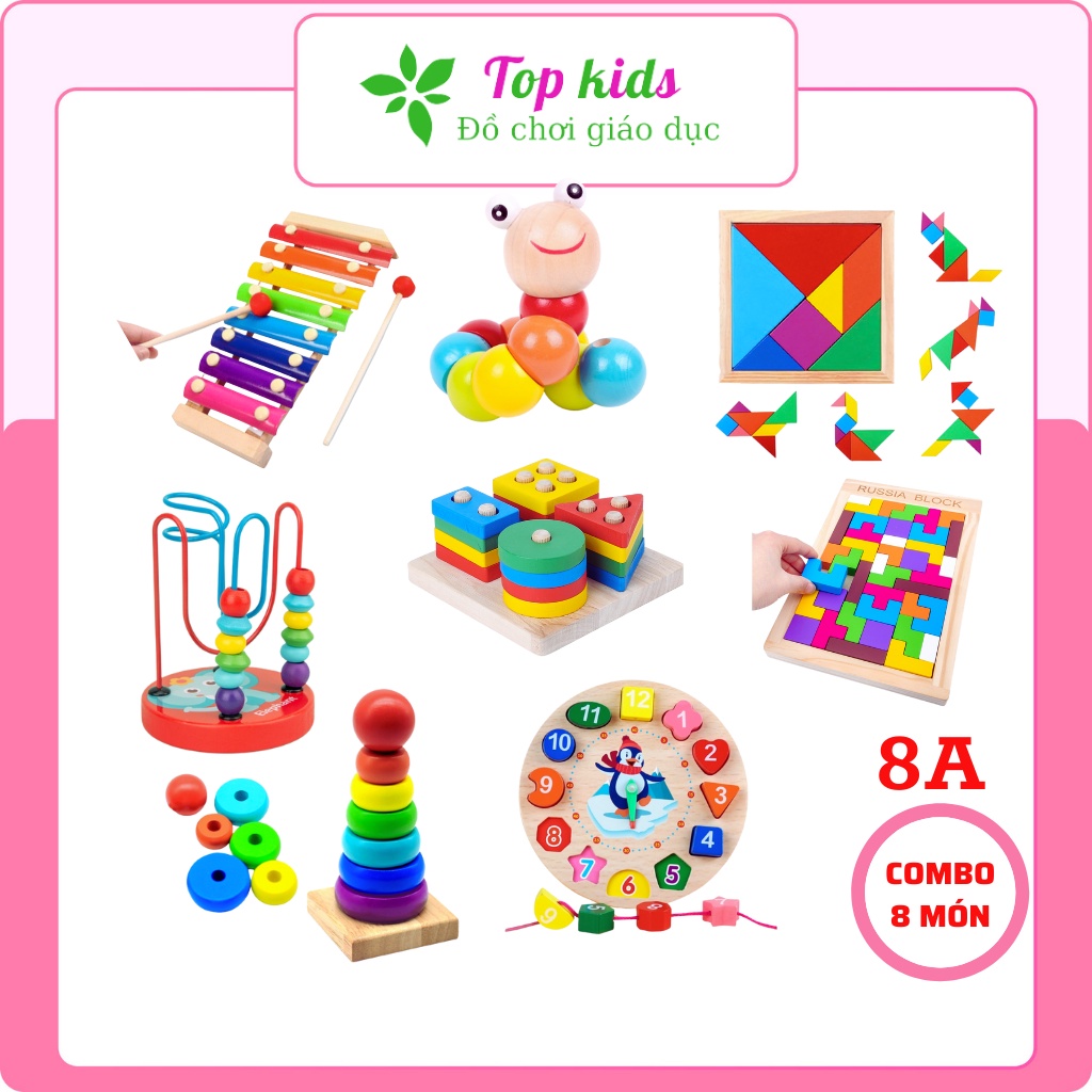 Đồ chơi xếp hình gỗ montessori bộ combo 8 món cho bé trai bé gái từ 0 1 2 3 tuổi trò chơi giáo dục sớm cho trẻ TOPKIDS
