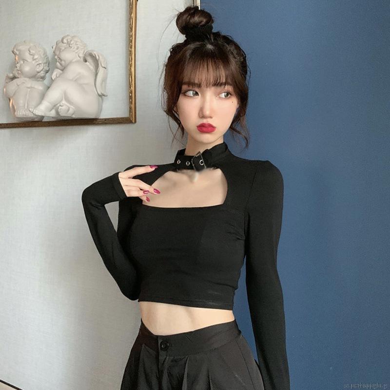 Áo Thun Croptop Tay Dài Cổ Vuông Hở Bụng Thời Trang Hàn Quốc Dành Cho Nữ