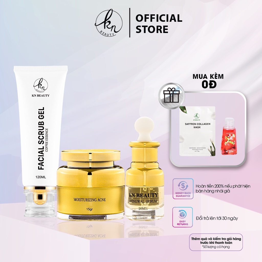 Combo 3 bước Ngừa mụn Giảm Thâm Trắng Da KN Beauty: Gel tẩy tế bào chết + serum + kem dưỡng (tặng mặt nạ + gel rửa tay)