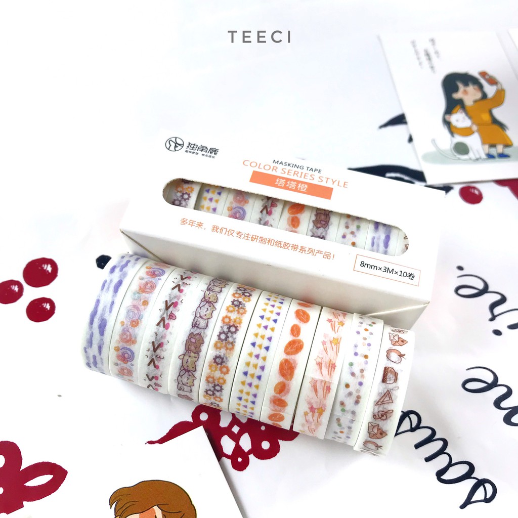 <Video Review> Set 10 Cuộn Băng Keo Dính Washi Tape Họa Tiết Cute Trang Trí Sổ Tay Nhật Kí Khay Đựng Bút D171