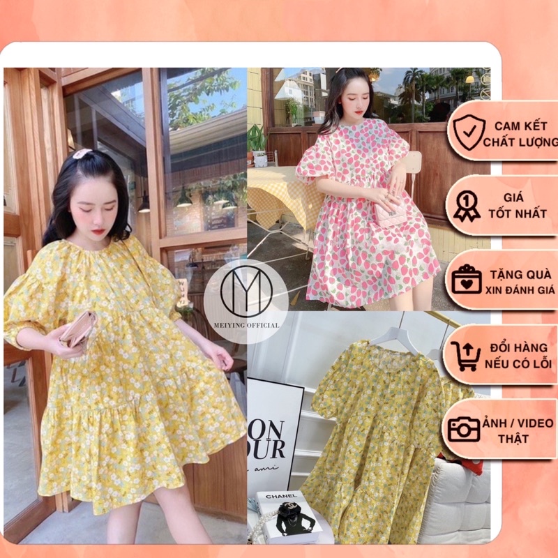 Váy babydoll hoa nhí. Váy babydoll tay phồng. Váy xoè tay bồng. Đầm babydoll tay phồng