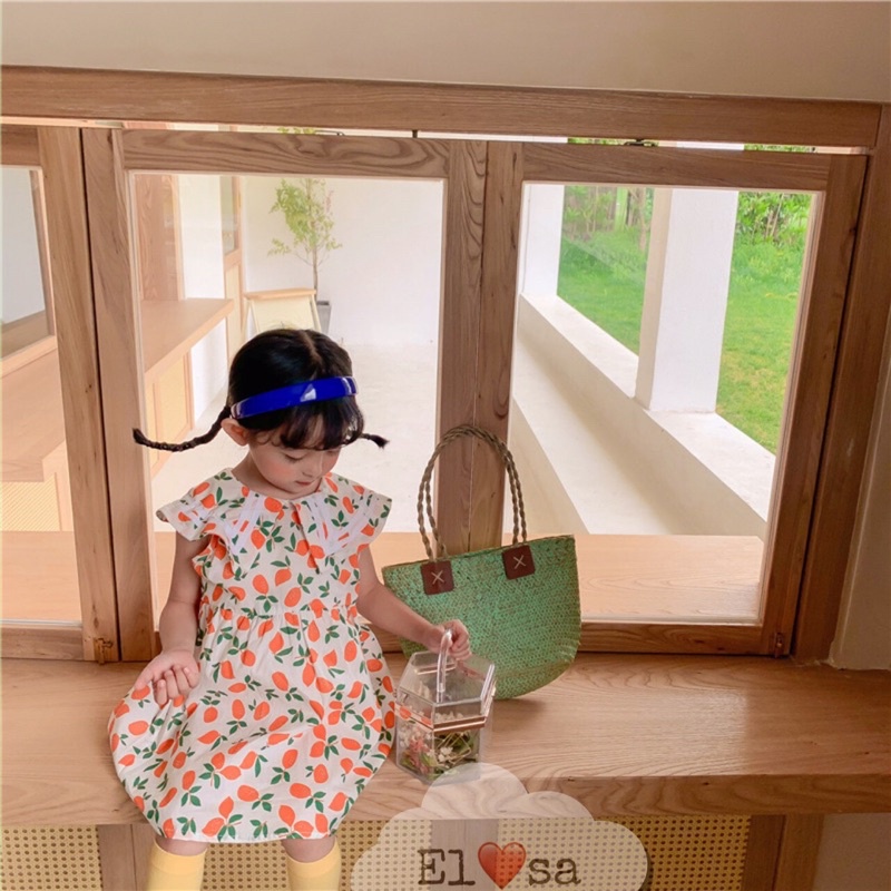 Váy hè Váy hoạ tiết quả cam cổ bèo xinh xắn cho bé từ 7-18kg chất liệu đũi loại một mềm, nhẹ, thoáng mát
