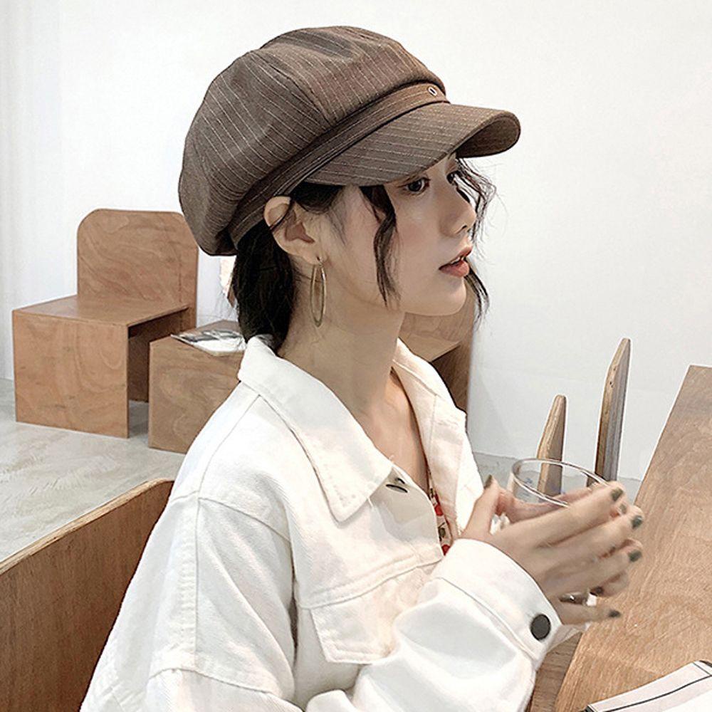 Mũ Beret Họa Tiết Kẻ Sọc Màu Trơn Phong Cách Retro Thời Trang Hàn Quốc