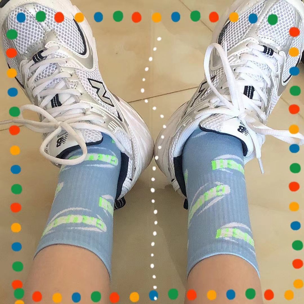 Vớ Thể Thao Cổ Cao Màu Dạ Quang In Chữ Phong Cách Nhật Hàn Thời Trang Xuân Hè