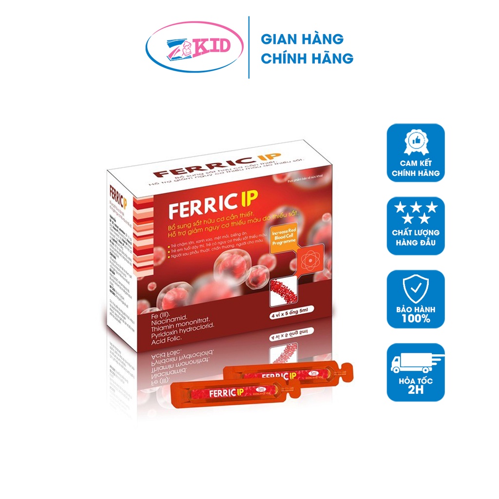 Sắt ống FERRIC IP, bổ sung sắt trẻ nhỏ và người lớn, phụ nữ mang thai dạng nước, không táo, vị dễ uống - 20 ống/hộp