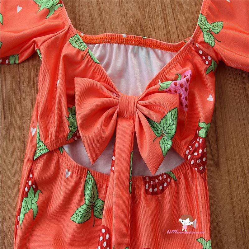 ❤XZQ-Baby Girls Strawberry Print One-Piece, Toddler Swimsuit Short-Sleeved Bowknot Hollow Out Swimwear for Water Sports