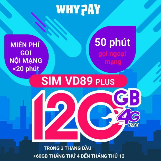 Sim 4G Vina VD89P 120Gb . TK chính 20k , Sim 10 số